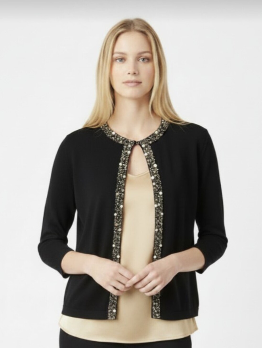 NWOT! JONES NEW YORK! LUXE BLACK RAYON BEADED, SEQUINNED FRONT CARDI SWEATER! L